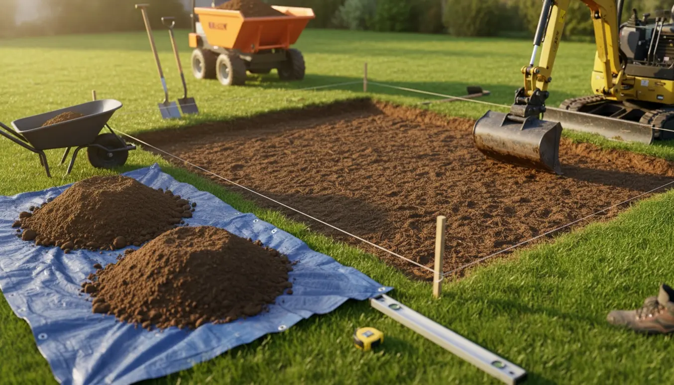 Udgravet rektangulært område på en villagræsplæne med jordbunker, trillebør og minigraver klar til bortskaffelse.