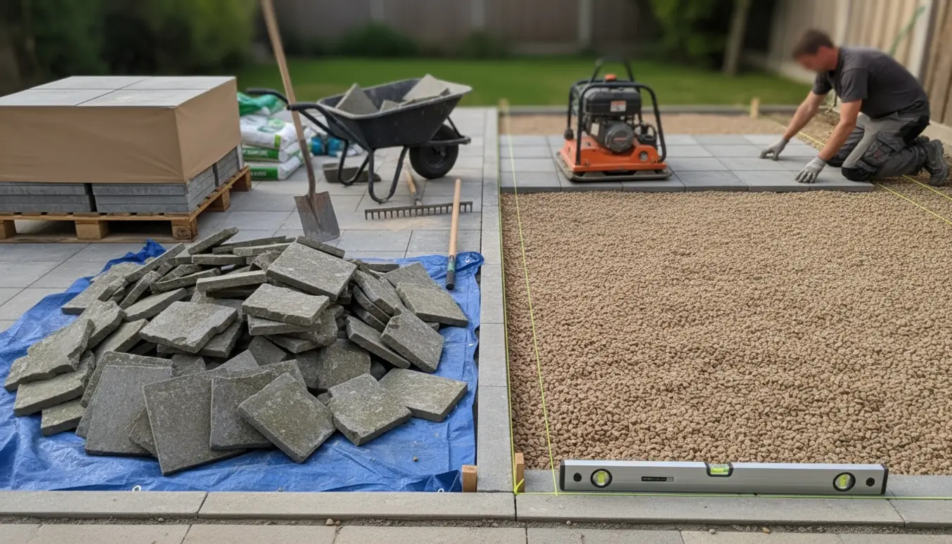 Renovering af terrasse med stak gamle fliser, grusbund og palle med nye fliser klar til lægning.