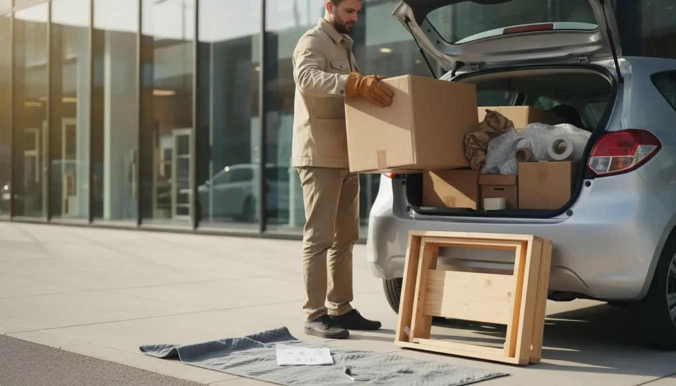 Åben bilbagagerum læsset med flade møbelkasser og hænder, der pakker til Ikea.