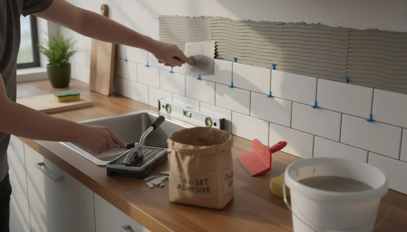 Hænder monterer keramiske fliser på en køkkenvæg over en træbordplade med værktøj og materialer i nærheden.