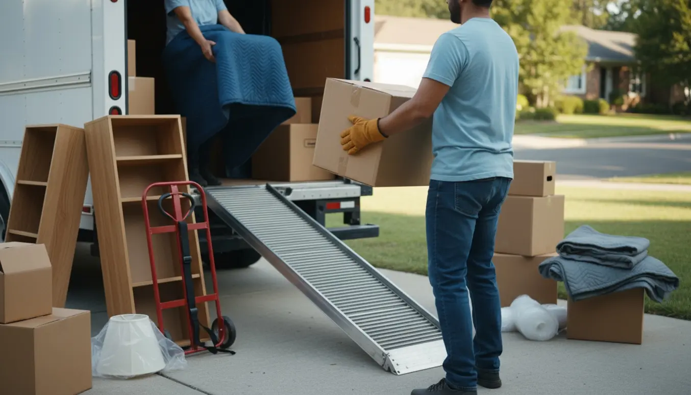 En hjælper bærer en flyttekasse op i en åben flyttebil på en solrig dag.
