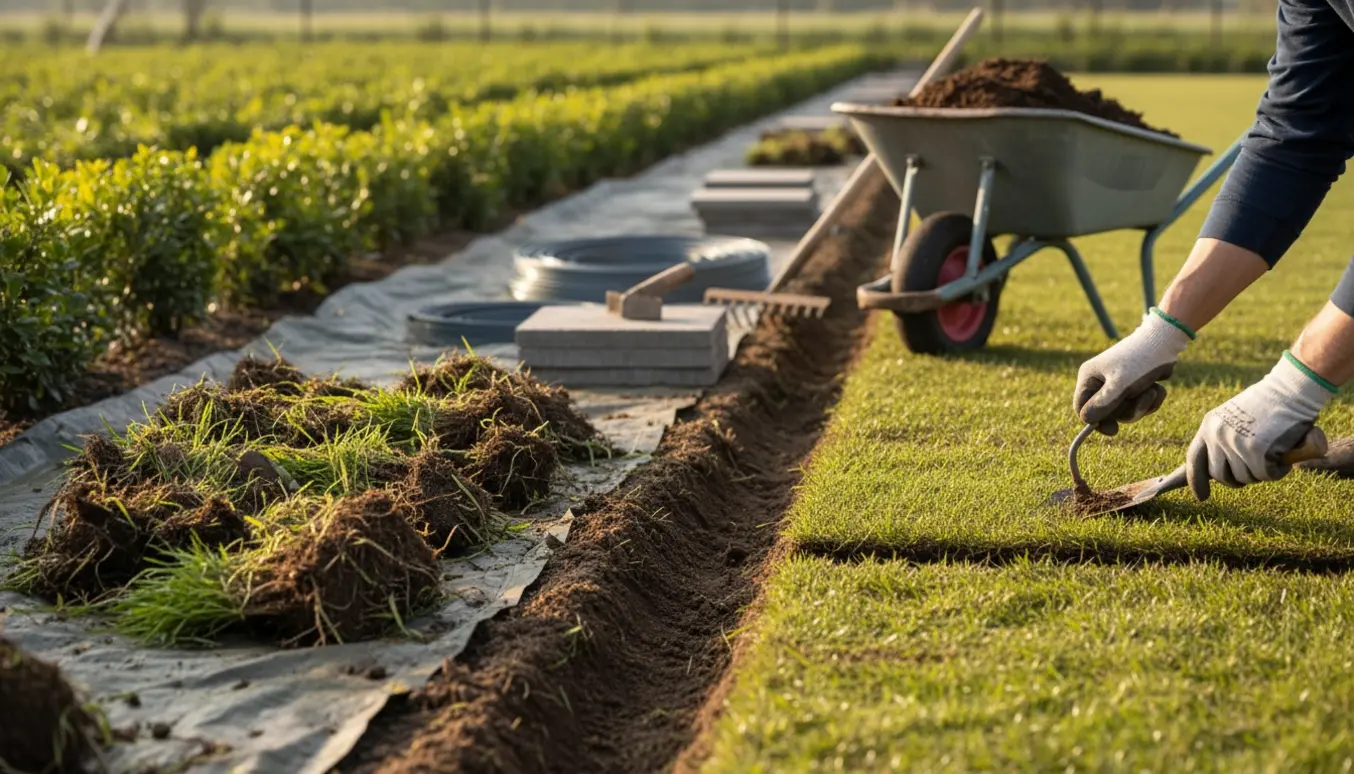 Nærbillede af hænder med haveværktøj, der fjerner ukrudt og anlægger en ren græskant langs en ny hæk.