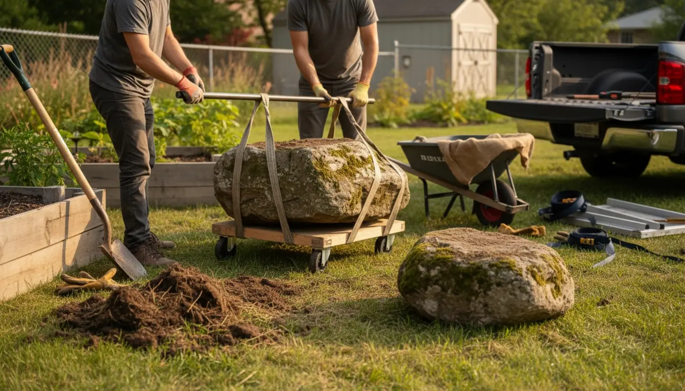 Hænder og arme løfter tre kampesten med prybar og stropper i en baghave.