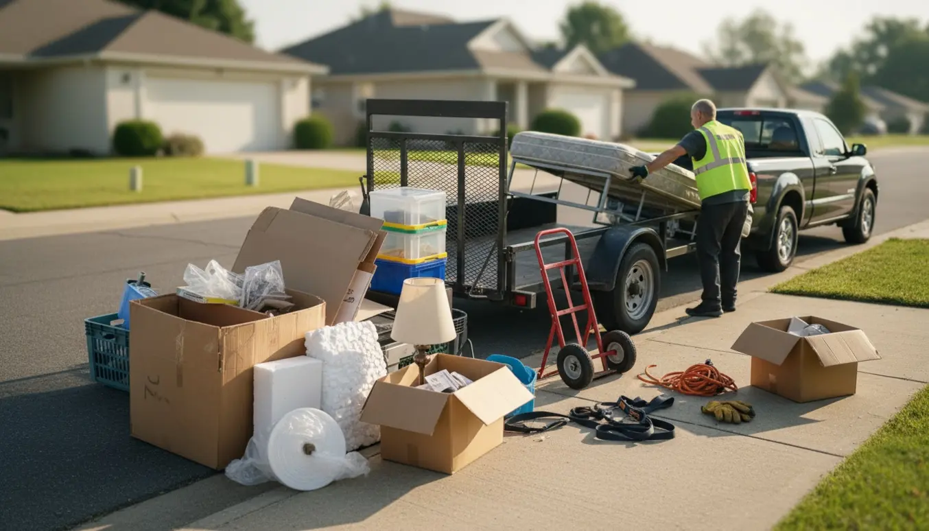 Kantstensstak af storskrald med pap, flamingo, plastik og en enkeltmandsmadras ved en trailer klar til afhentning.