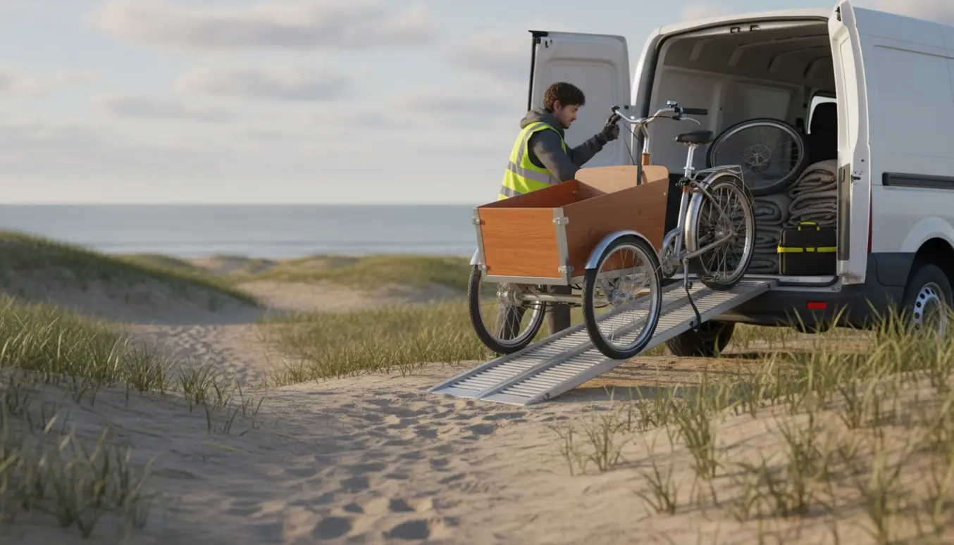 En trehjulet cykel læsses sikkert ind i en varevogn ved en sandet kyststi ved Vallensbæk Strand.
