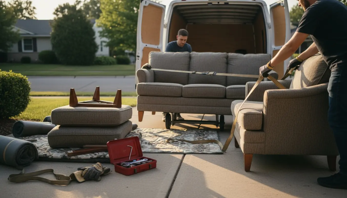 To personer med ryggen til læsser et delvist adskilt sofasæt ind i en varevogn med flytteudstyr på en indkørsel.