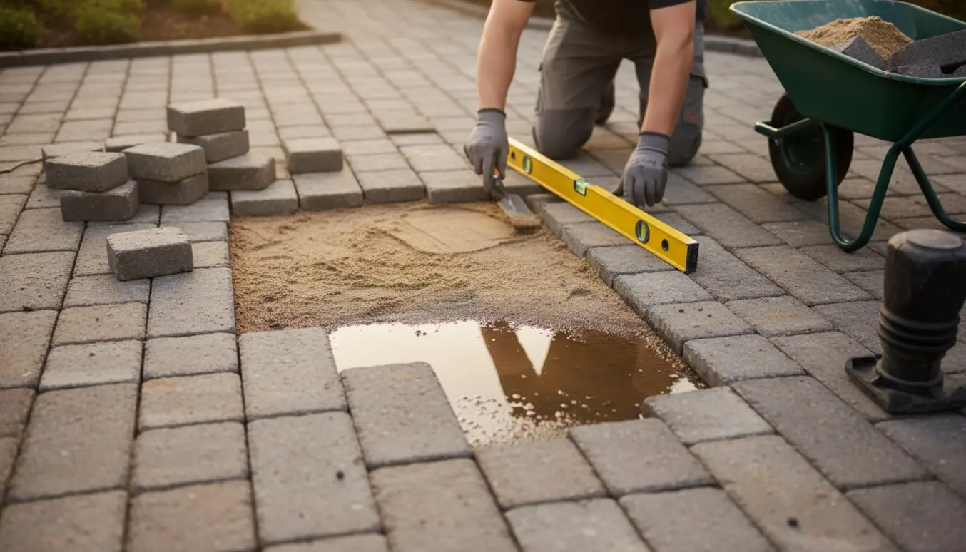 Løse herregårdssten taget op og stablet ved siden af en sandet bund klar til genlægning.
