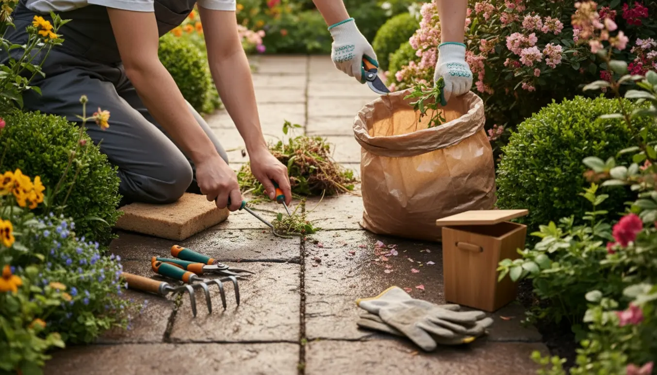 Nærbillede af havearbejde med hænder, der fjerner ukrudt mellem fliser og klipper buske ved siden af en pose til haveaffald.