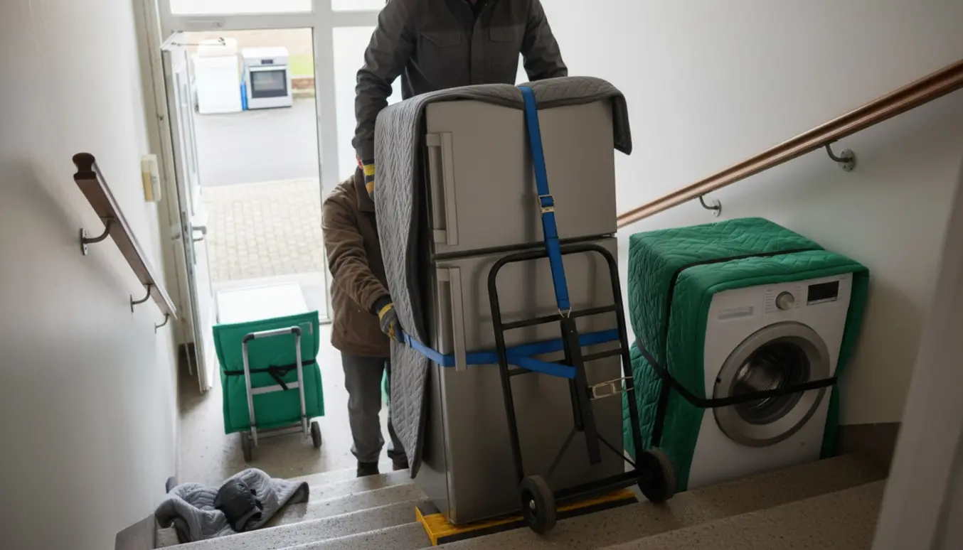 Flytning af køle/fryseskab og vaskemaskine ned ad trappen mod storskraldsområdet med dolly og flyttetæpper.