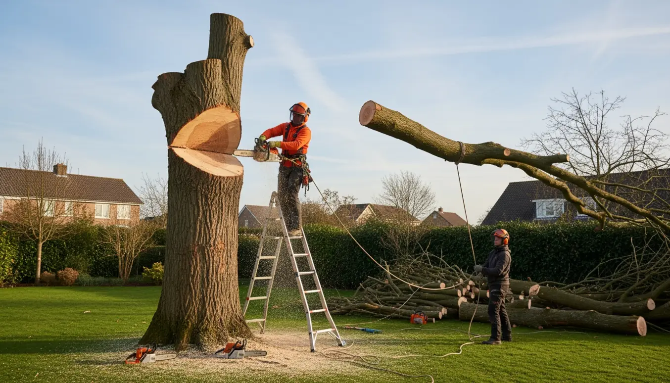 Et elmetræ i en have, hvor en arborist med sikkerhedsudstyr forkorter træet og savspåner ligger på græsset.