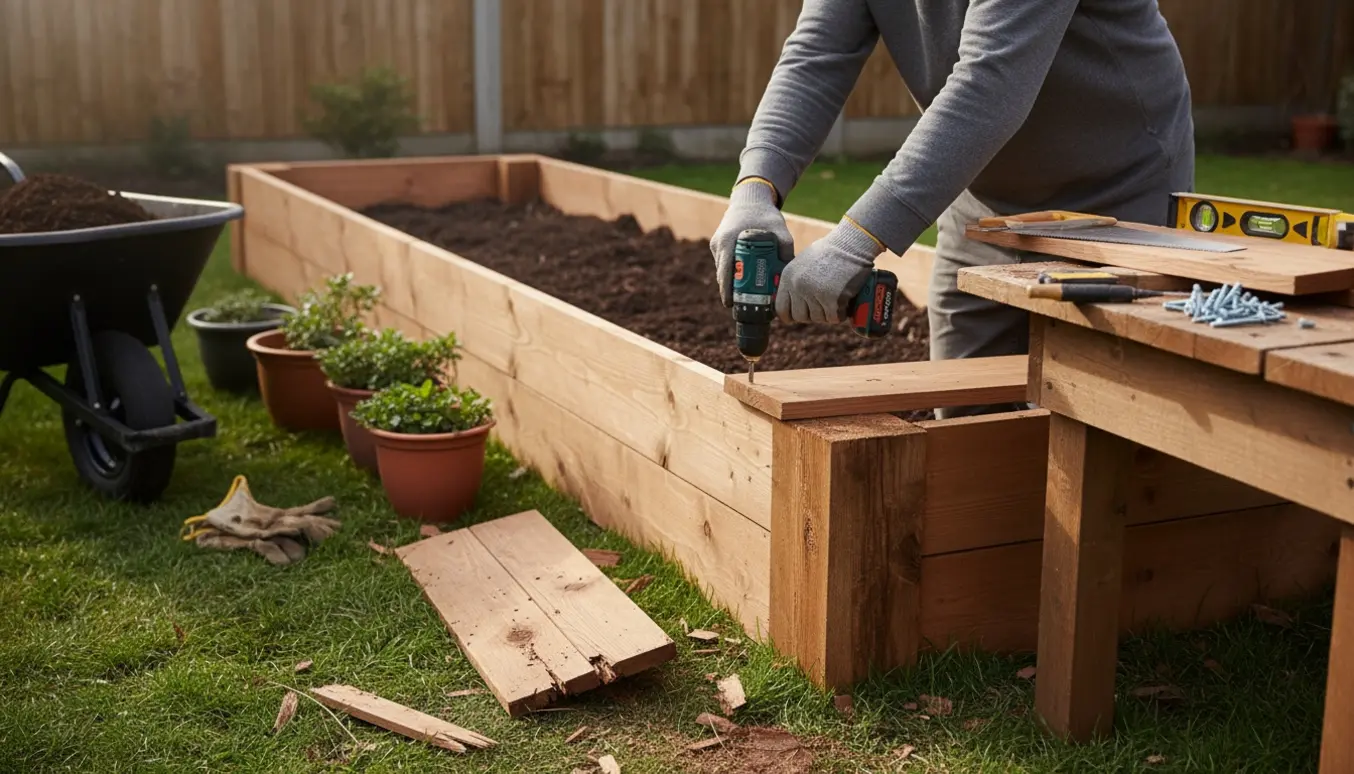 Nærbillede af arbejdshænder, der monterer nye brædder på et træhøjbed med værktøj, jord og midlertidige planter.
