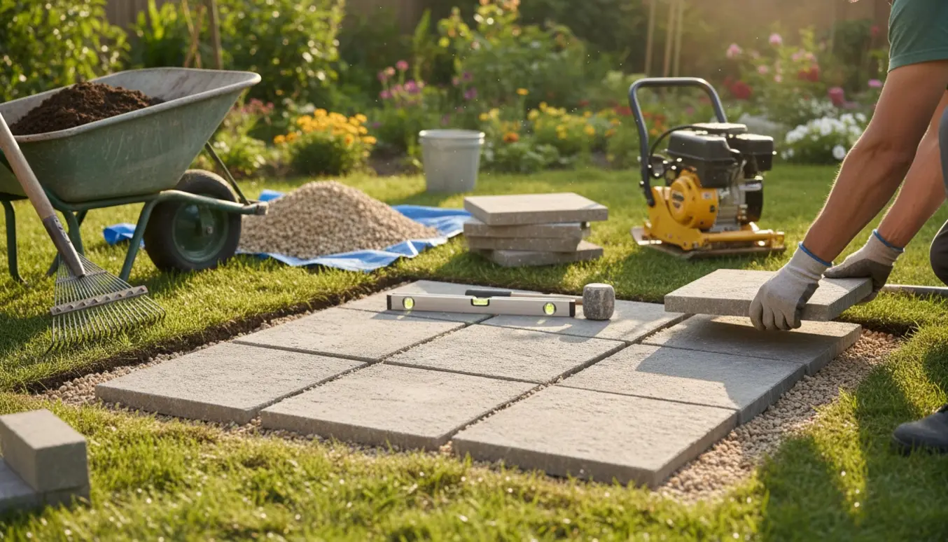 Hænder lægger kvadratiske fliser på et udgravet underlag med grus, trillebør, skovl og bunke jord i baggrunden.