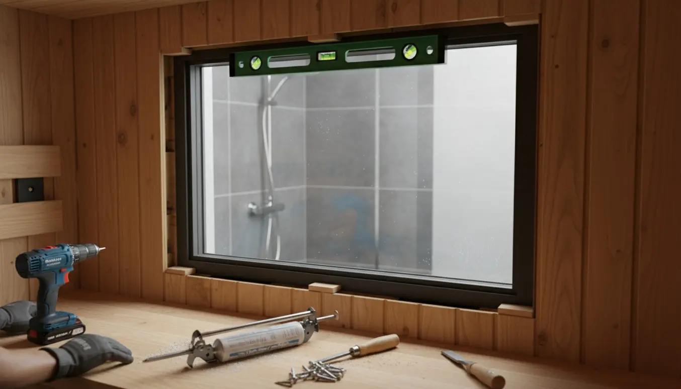 Halvt monteret vindue i saunavæg med værktøj og udsigt ind mod et flisebadeværelse.