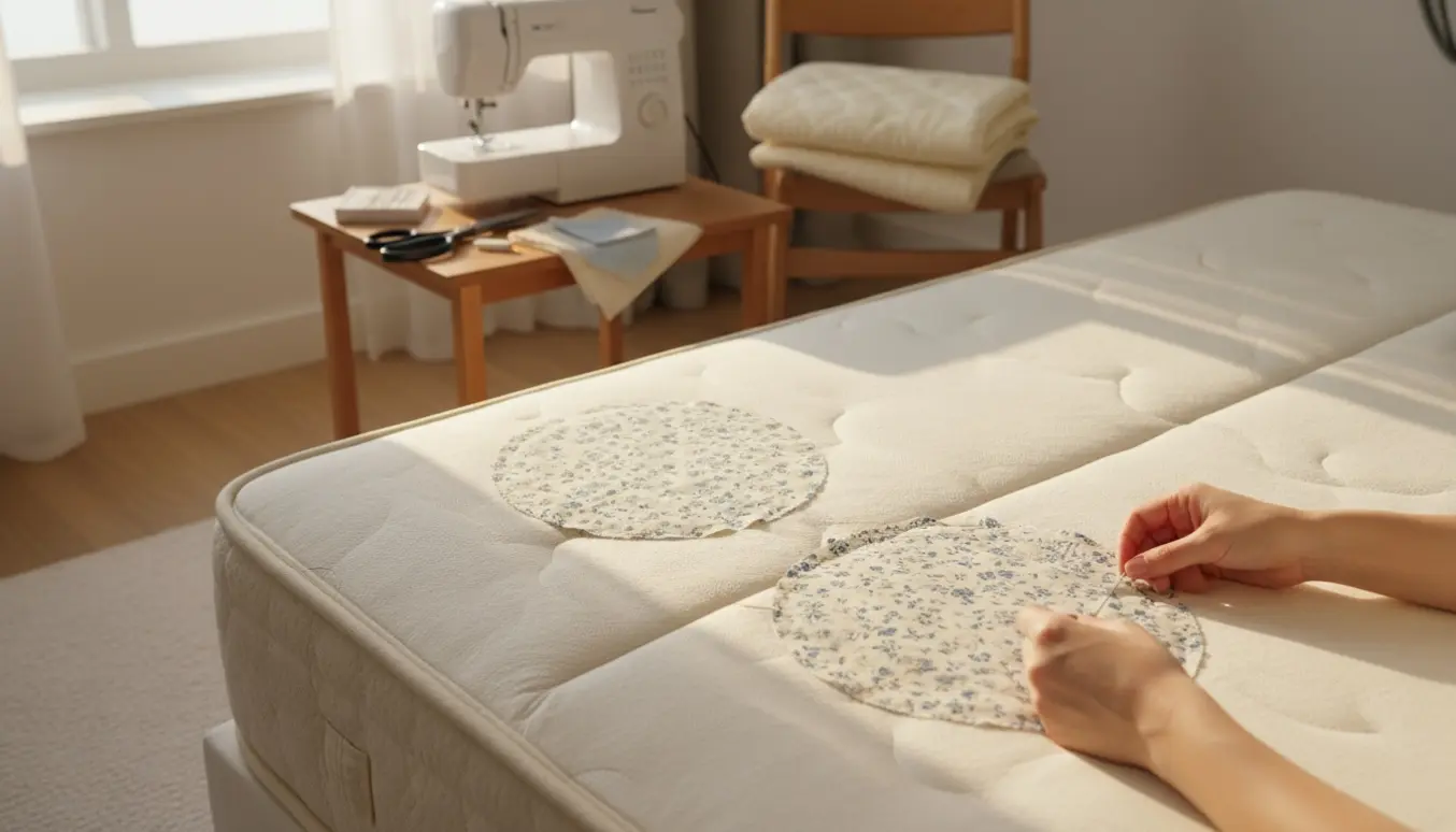 Hænder syr to små stoflapper på en madras med ekstra stof klar ved siden af.