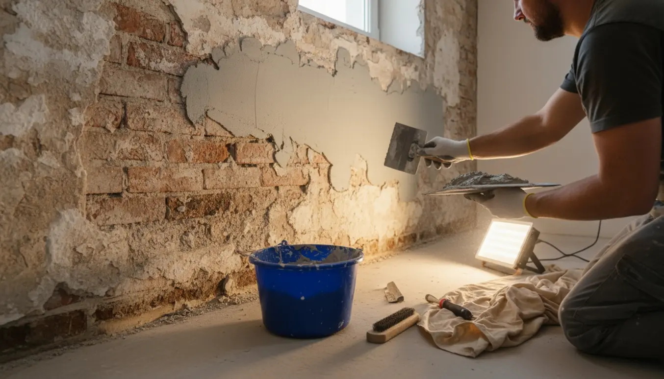 Hænder pudser en kældervæg efter fugtskade med spartel og frisk puds.