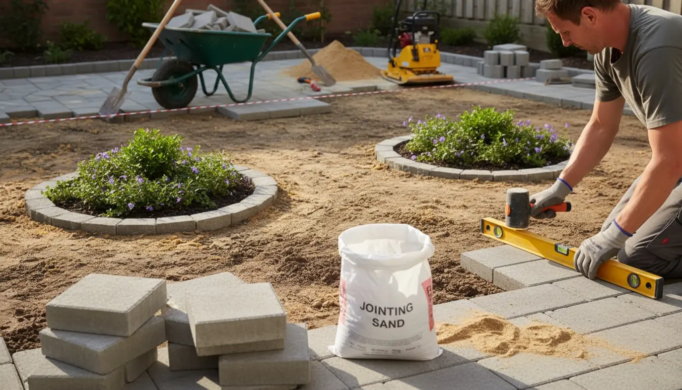 Gårdhave under forberedelse med stakke af 30×30 cm fliser, to små runde bede og en hånd, der placerer en flise.