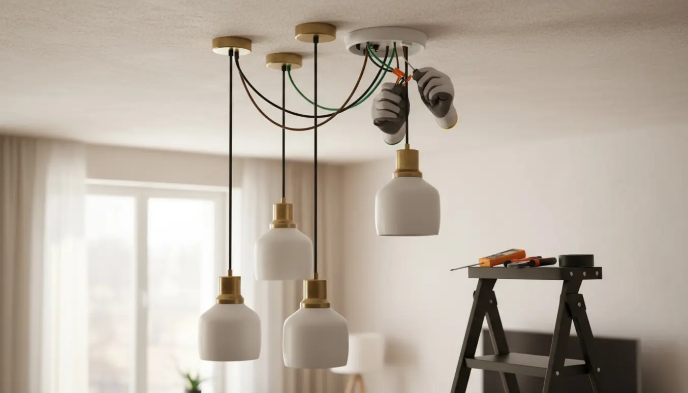 Hænder i handsker forbinder fire hængende lamper til en loftinstallation.