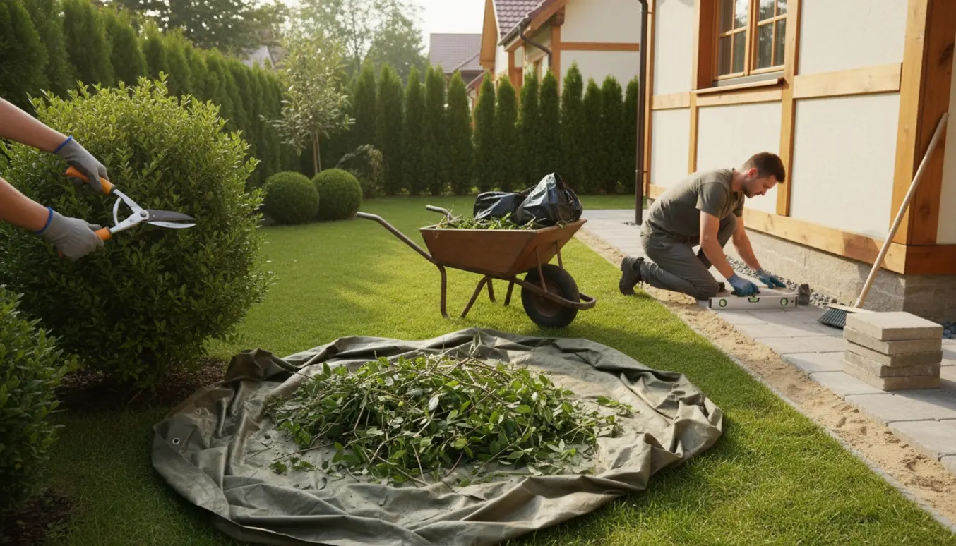 Beskæring og oprydning i forhaven med trillebør, skårne grene og fliser ved huset.