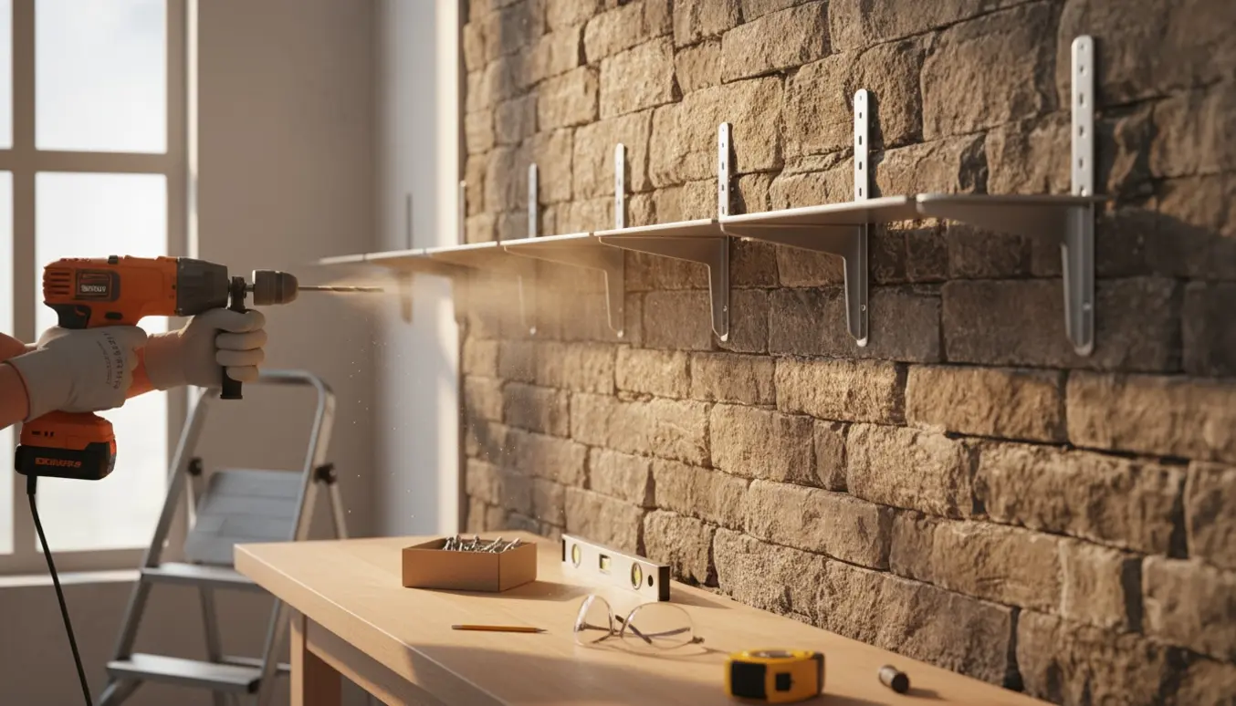 Hænder monterer stålhylder på en stenmur med en slagboremaskine, skruer og rawlplugs.