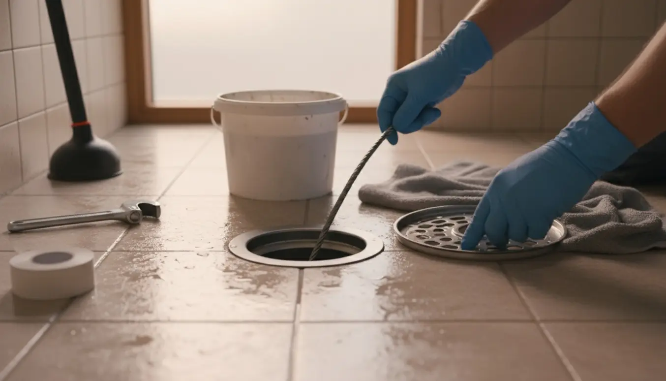 Handskerede hænder fører en afløbsslange ned i et gulvafløb med stillestående vand på fliserne.