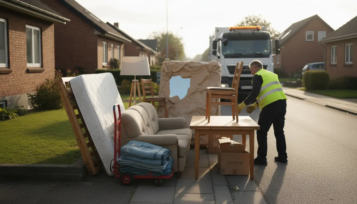 Fortov med storskrald i en dansk forstad: seng, sofa, bord, stole og et indpakket stort spejl klar til afhentning.