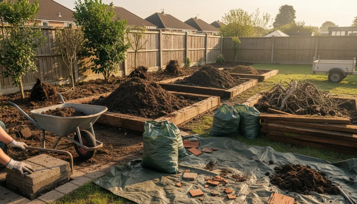 Overblik over nedtagning af højbede og fjernelse af fliser med værktøj og haveaffald klar til bortkørsel.
