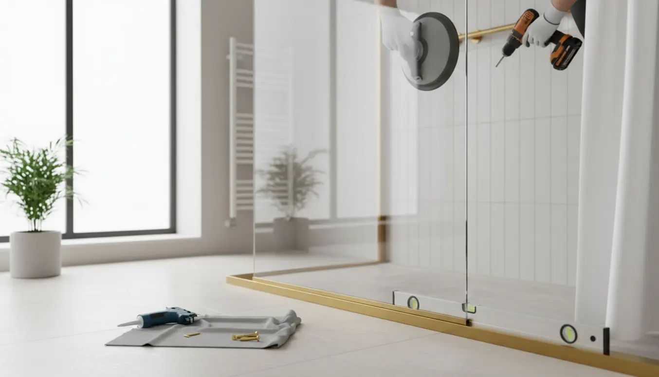 Glasbrusevæg med messingkanter og messingstang under montering i et moderne badeværelse.