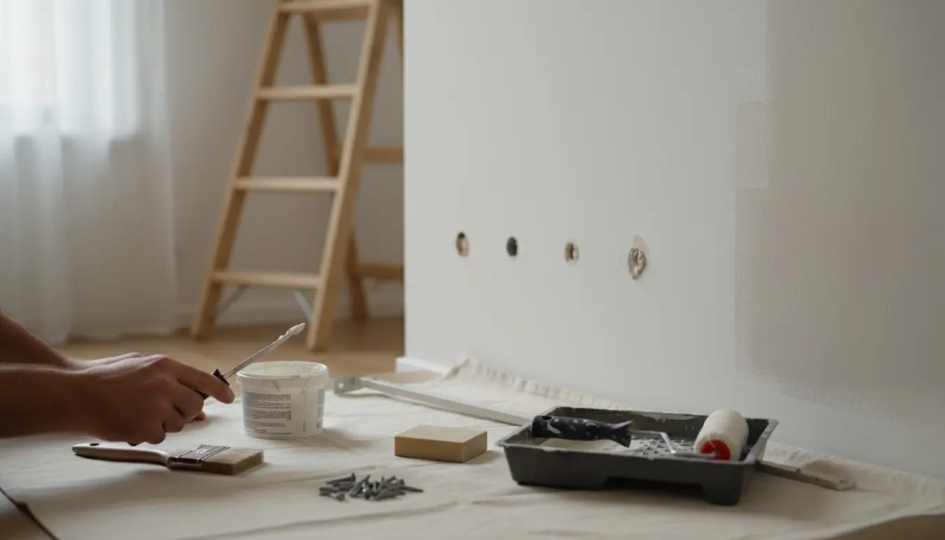 En hånd spartler huller i en væg efter gardinstang og lampe, omgivet af malerredskaber og malerspande.