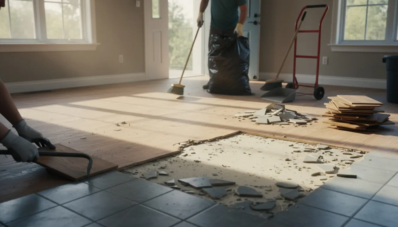 Delvist fjernet trægulv og løse fliser med værktøj og renovationssæk i en lys stue.