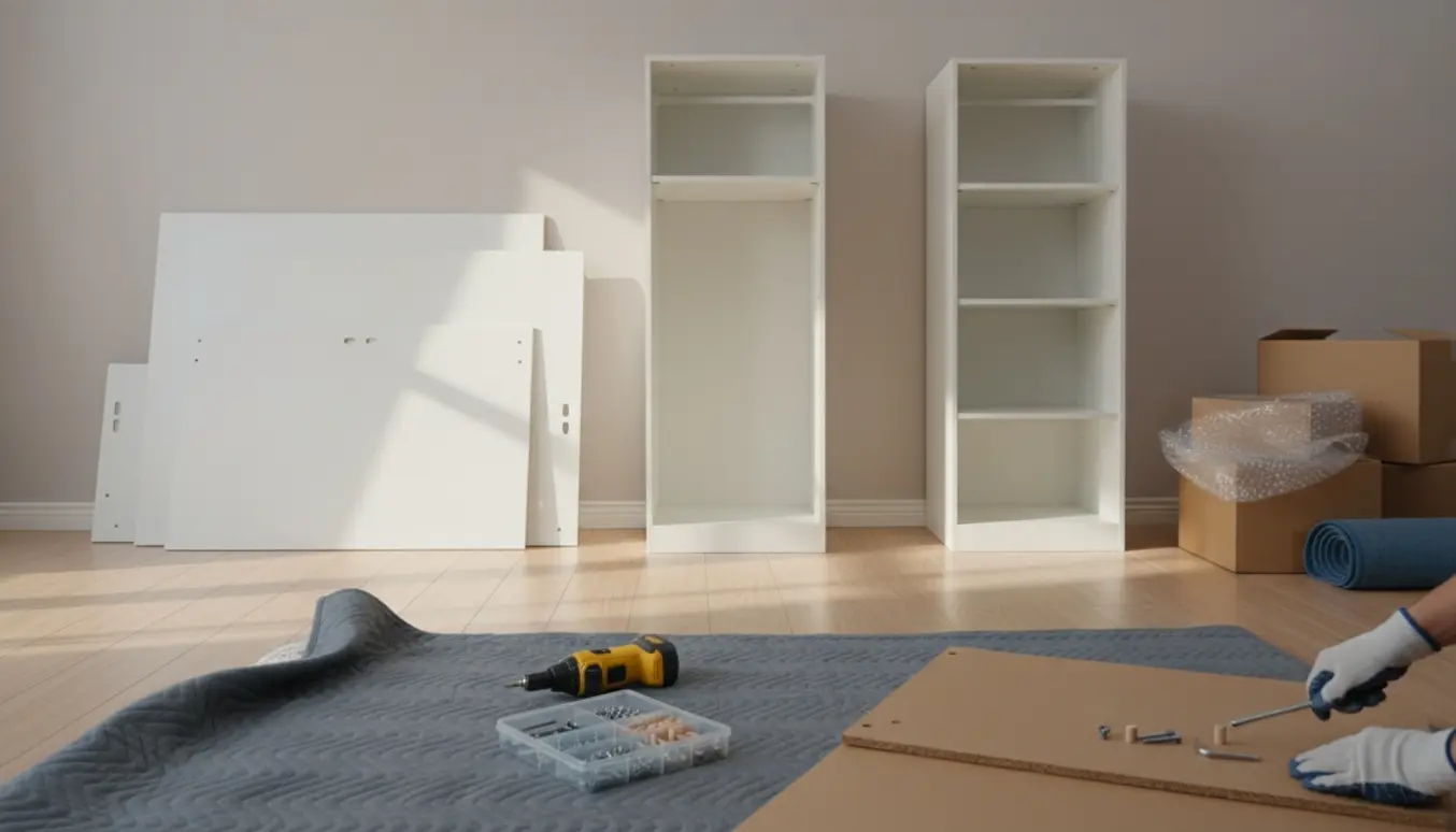 Fire hvide fladpakkede skabe adskilt på et stuegulv med værktøj, skruer og pakkemateriale klar til flytning.