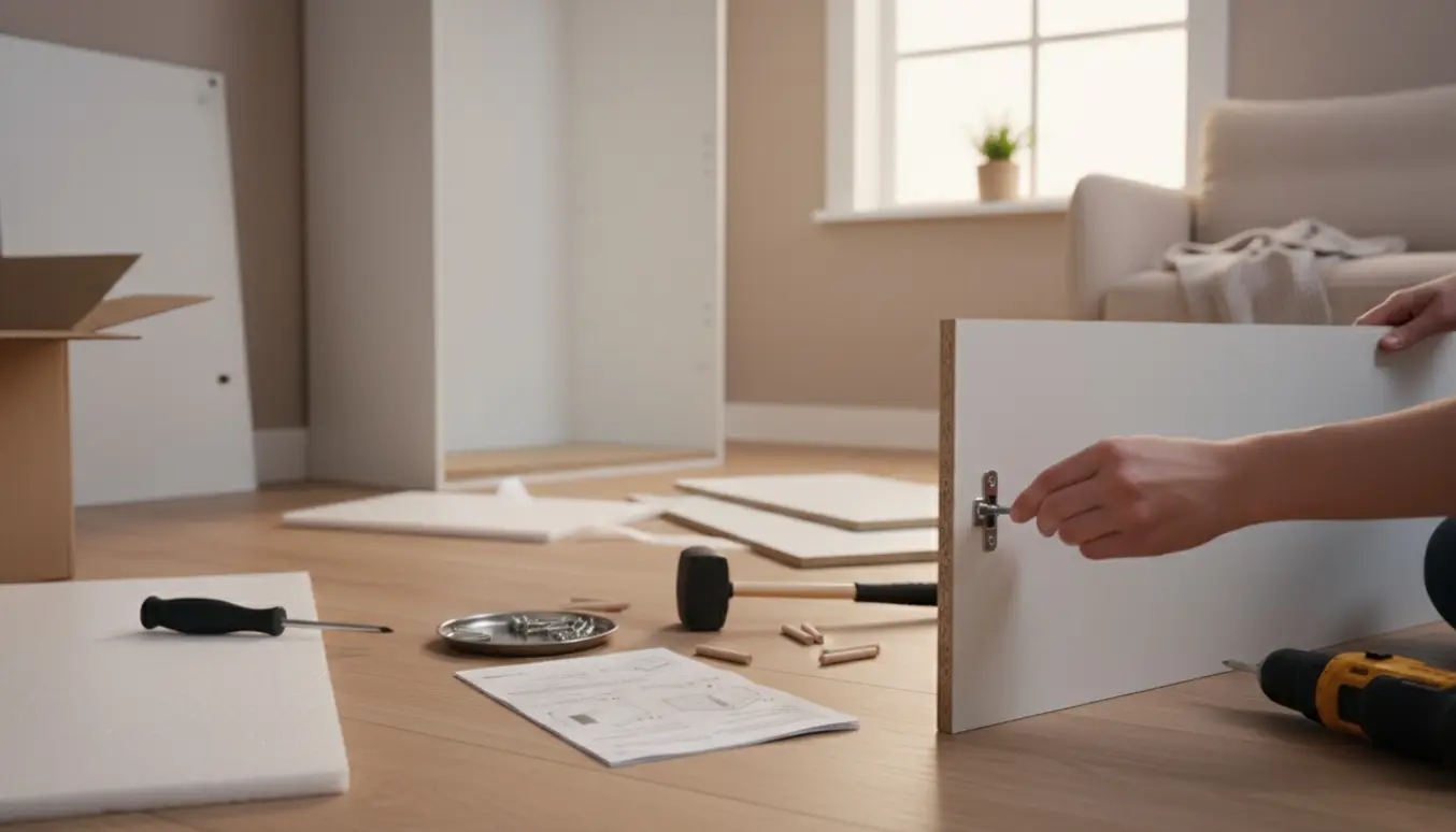 Hænder samler et fladtpakket skab med skruer og værktøj i en lys stue.