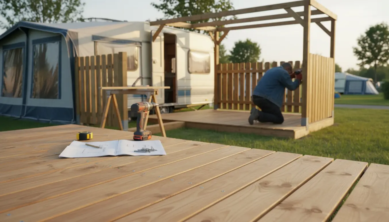 Træterrasse og plankeværk under opbygning ved en campingvogn med værktøj i forgrunden.