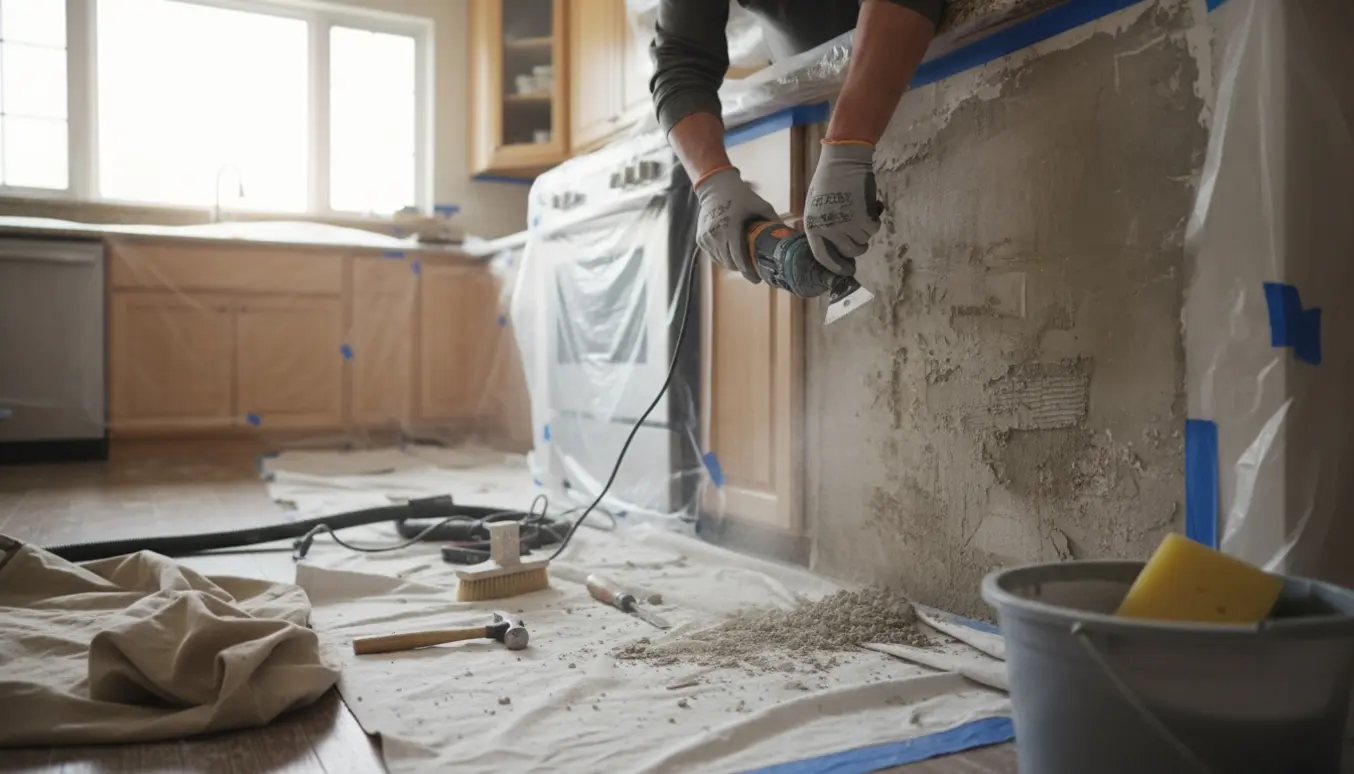 Nærsyn af hænder, der fjerner mørtel fra en flisevæg i et køkken med værktøj og beskyttelsesdækning.