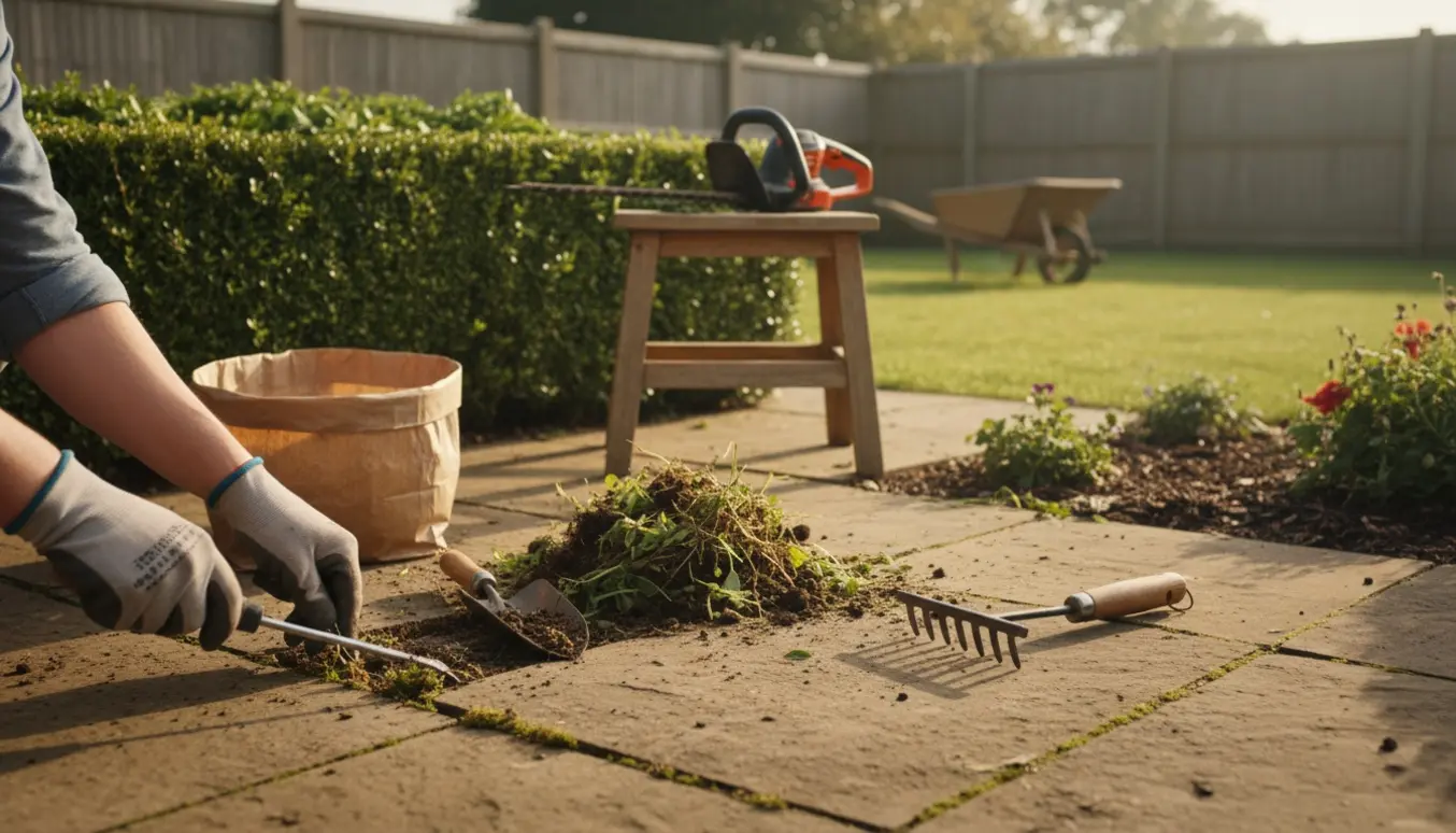 Nærbillede af hænder, der fjerner ukrudt mellem fliser med haveredskaber, med en nyklippet hæk i baggrunden.