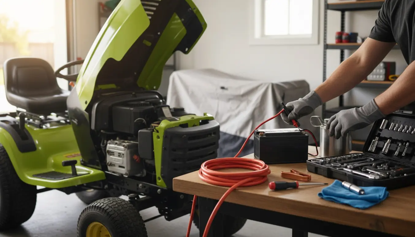 En havetraktor med åben motor i en garage, hvor hænder fejlfinder batteri og bruger multimeter.