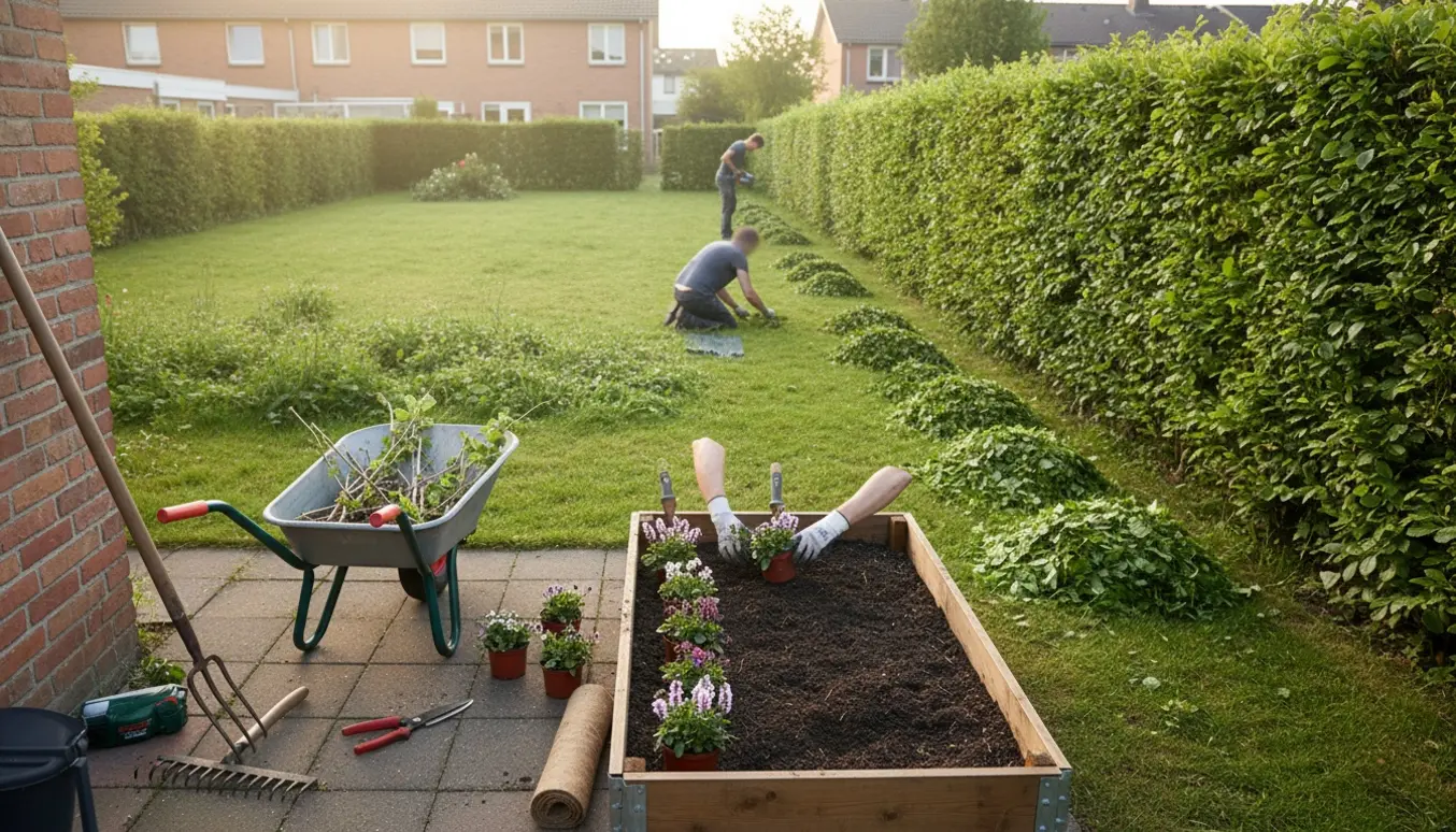 Rækkehave under total oprydning med hæk, flytning af stauder til højbed og bunker af ukrudt.
