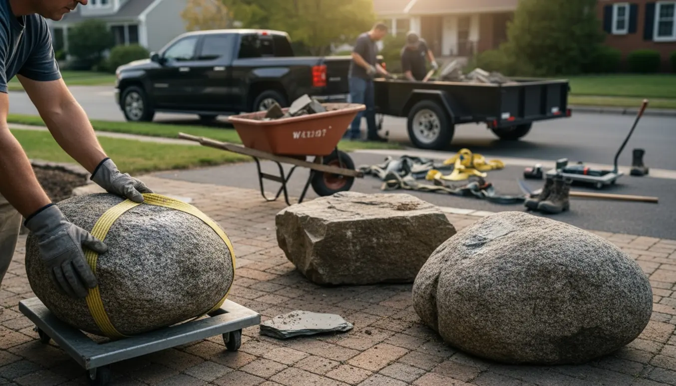 Tunge udgravningssten læsses fra terrasse og fortov over i en trailer med løfteudstyr.