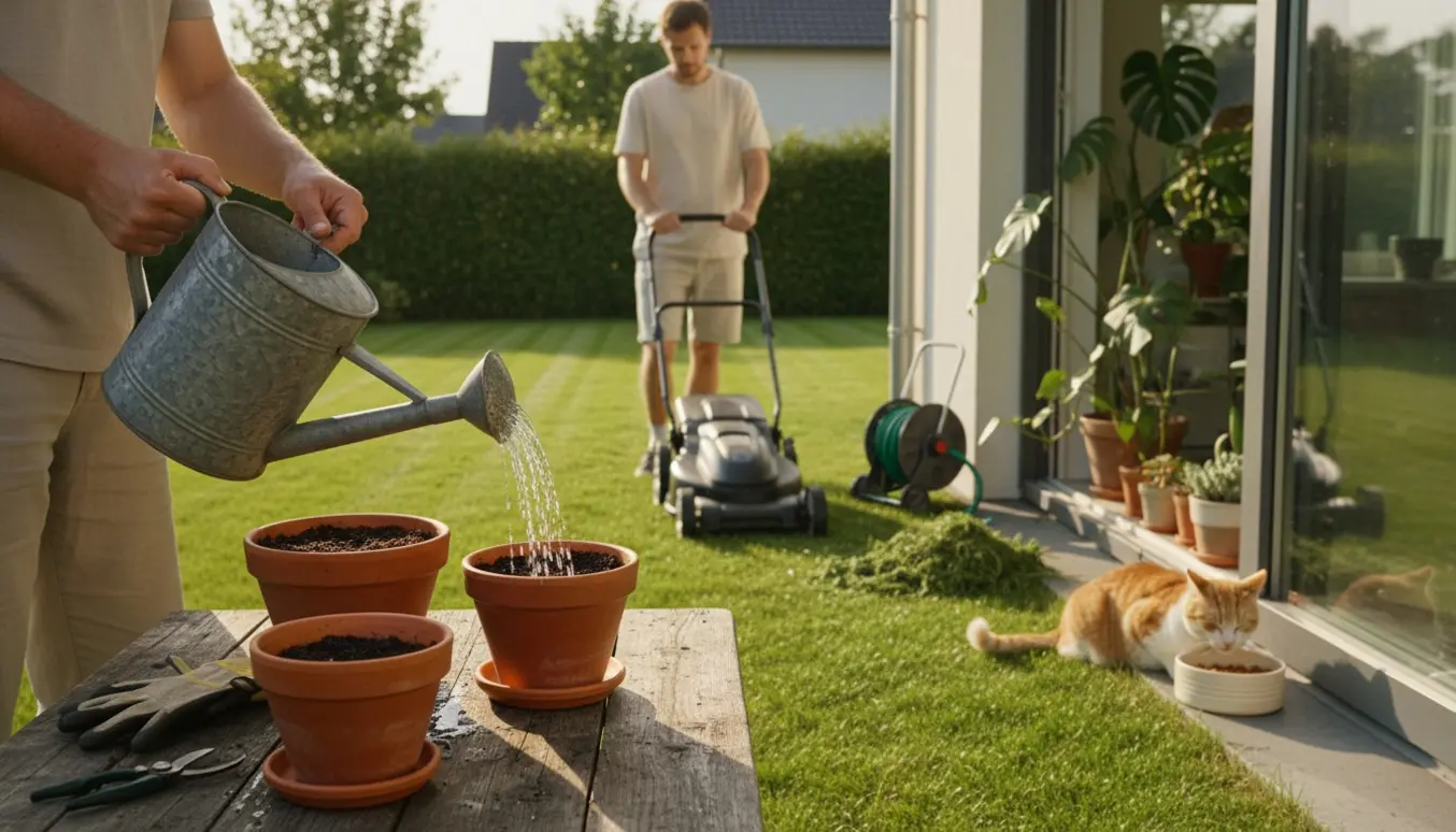 Soloplyst have- og balkonscene med vanding af potteplanter, nyslået græs og en kat ved madskålen.