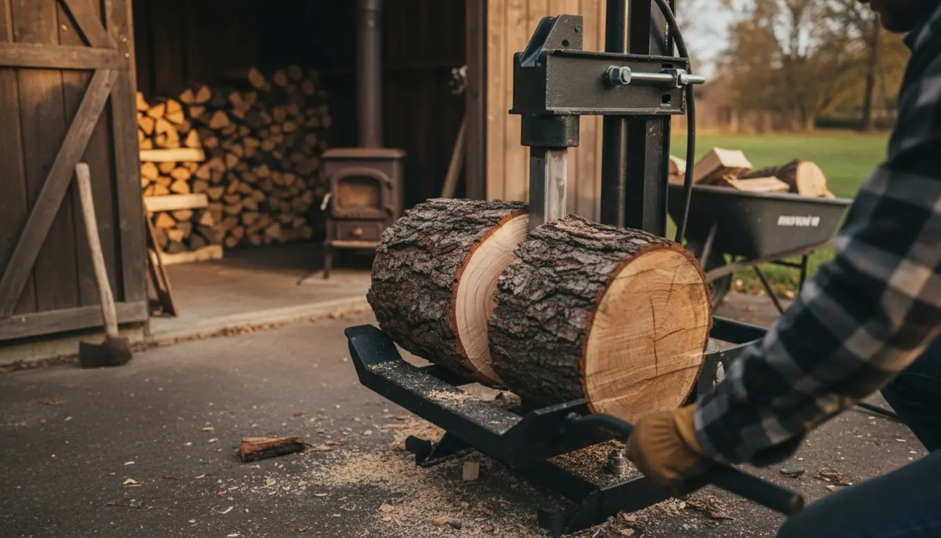 En brændekløver splitter et stort træstykke til brænde ved en stak færdigkløvet brænde.