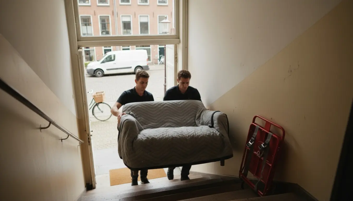 To flyttefolk bærer en lille sofa op ad en trappe i en dansk lejlighedsbygning med flyttebil udenfor.