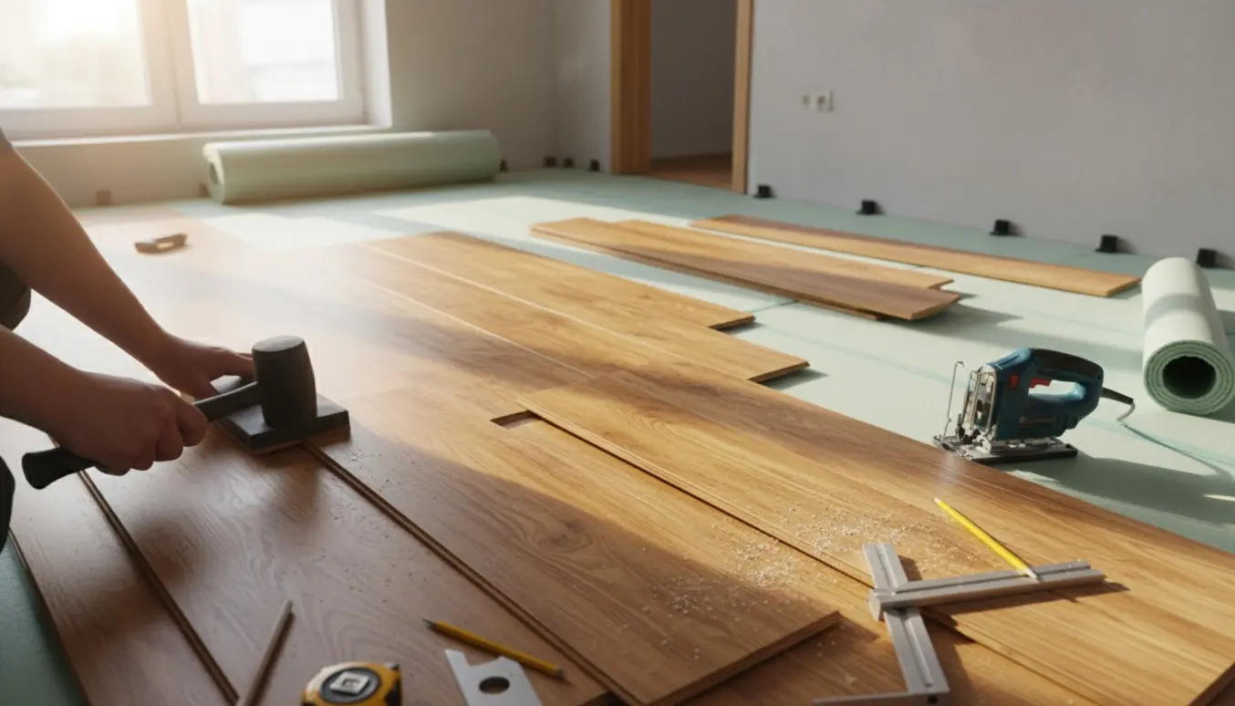 Lys stue hvor klikgulv bliver lagt med synlige planker, underlag og værktøj.
