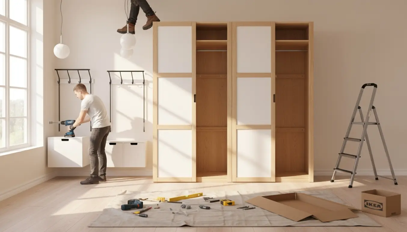 Hænder fastgør et skoskab i væggen, en garderobe er delvist samlet, og lamper hænges op i en lys stue.