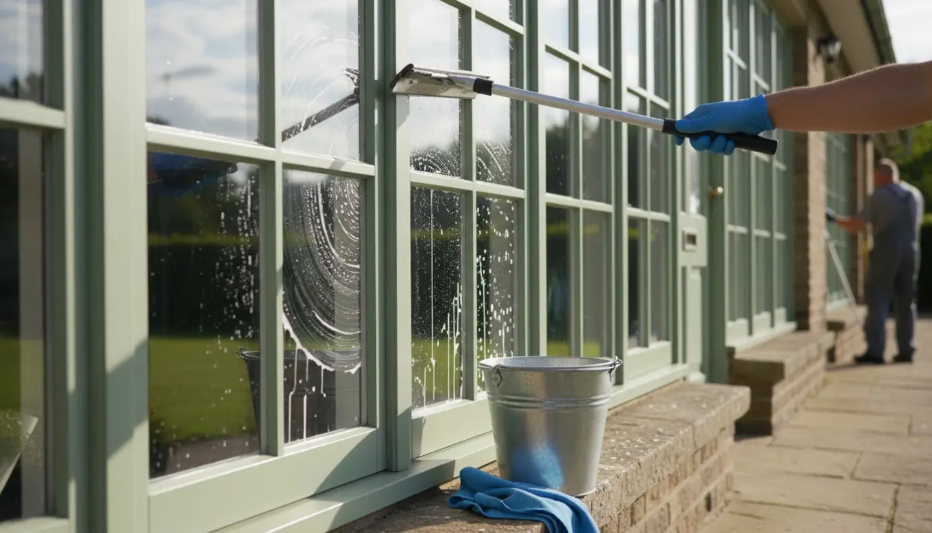 Rude stueetagevinduer og døre bliver pudset med gummiskraber og spand med sæbevand i blødt morgenlys.