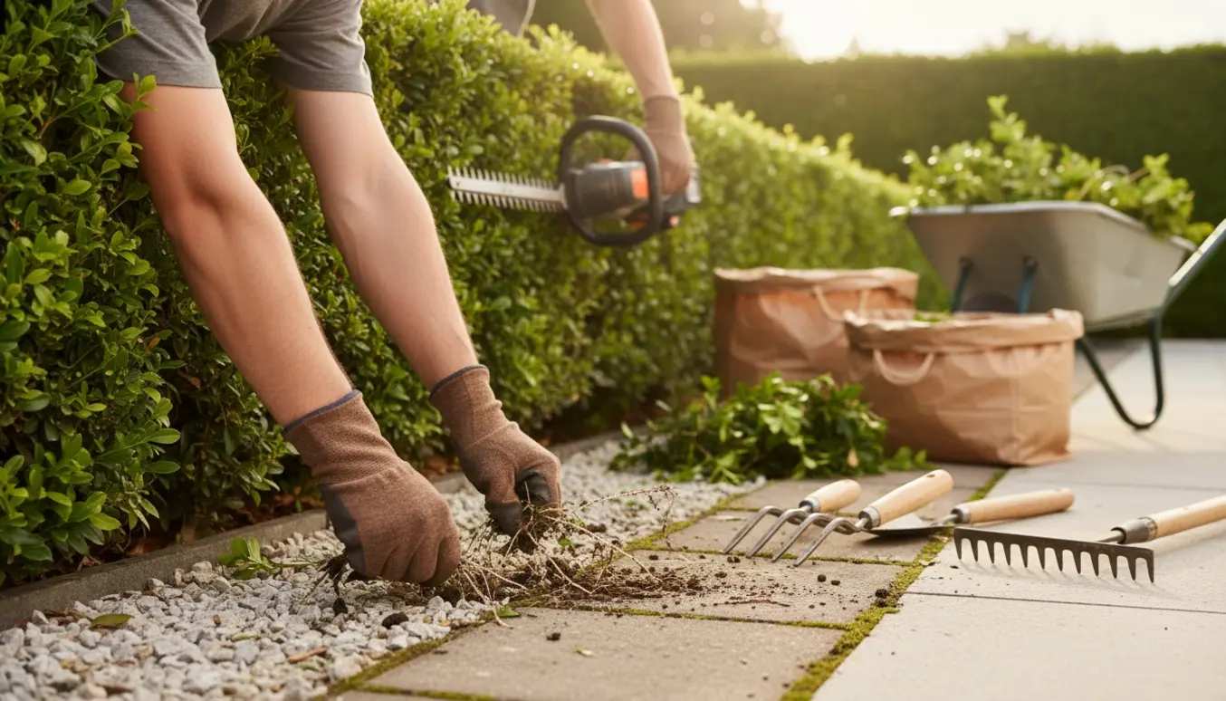 Nærbillede af handsker, der luger ukrudt mellem fliser ved siden af en nysnoet ligusterhæk og haveredskaber.