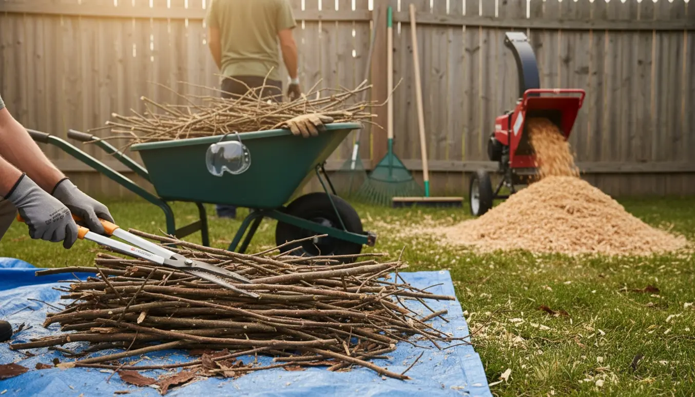 Rydning af kvas og tynde grene i en baghave med bunker af grene og frisk flis, uden synlige ansigter.
