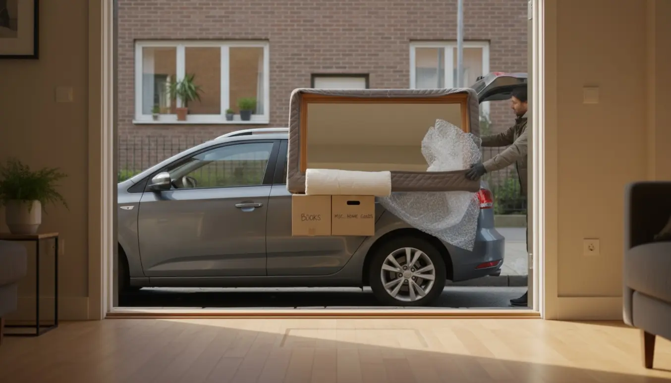 Stationcar parkeret ved kantstenen mens et indpakket spejl og små kasser bliver læsset fra en stue.