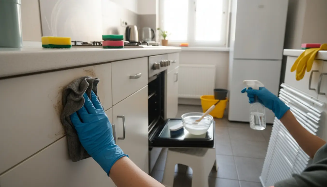 Gummihandsker tørrer kogesod af et overskab i et lyst køkken med rengøringsmidler på bordet.