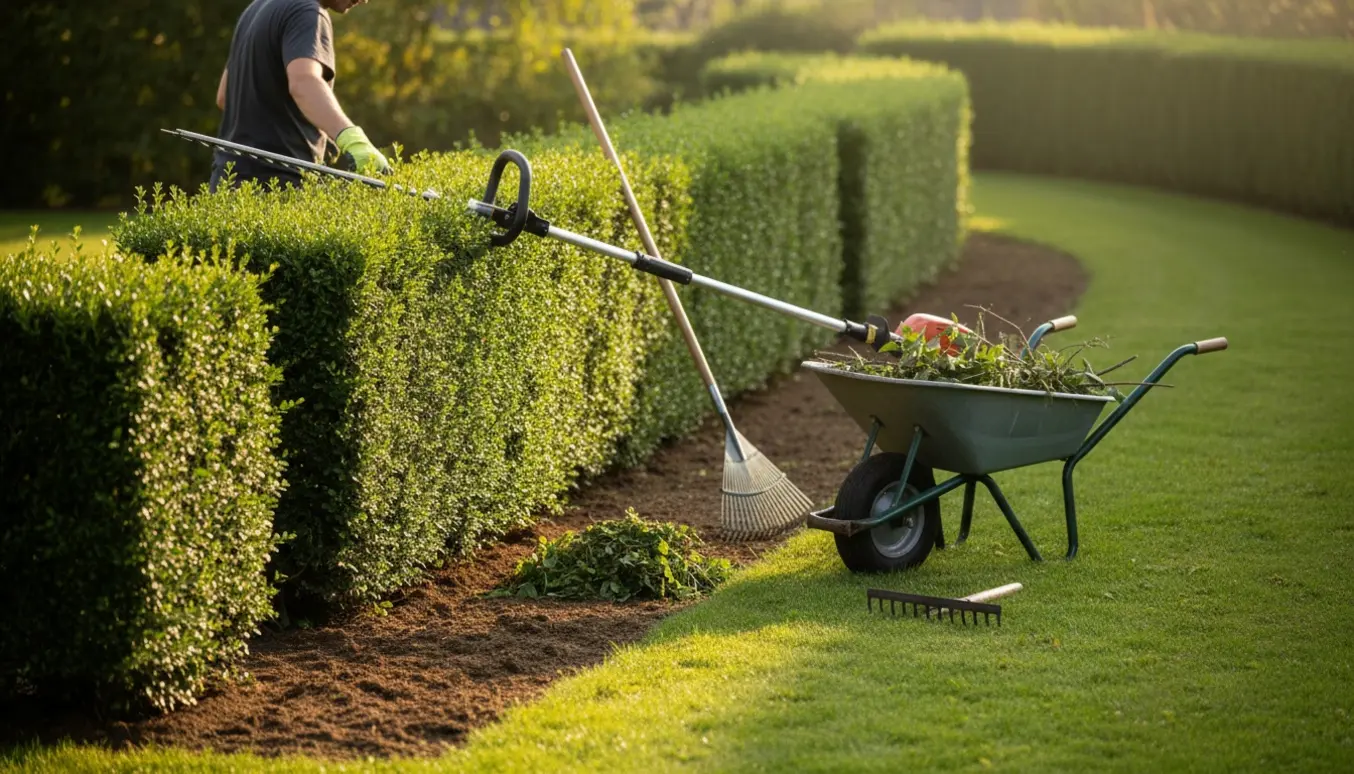 Hækkeklipning og ukrudtsfjernelse i en villahave med trillebør, rive og teleskophækkeklipper.