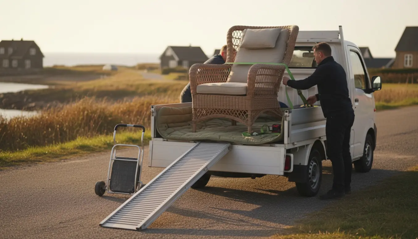 En non‑foldbar rattan-liggestol læsses og fastgøres på en varebil på en stille kystvej i varmt aftenslys.