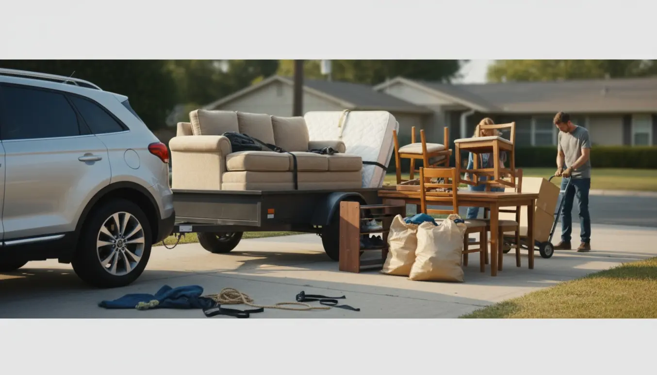 En bil med anhængertræk og åben trailer ved en indkørsel, hvor møbler og sække med tøj bliver lastet, ansigter ikke synlige.